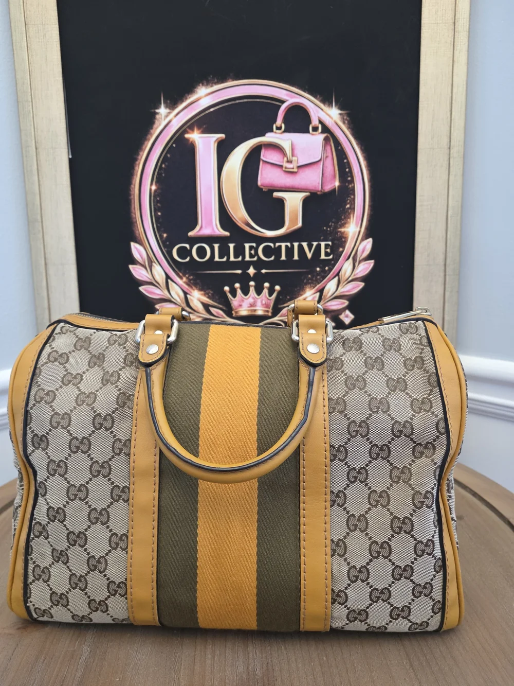 Gucci Vintage Web Medium Boston GG Canvas Yellow Green Bag